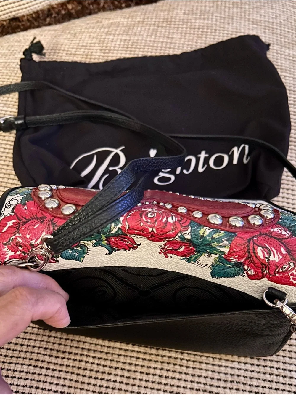 Brighton Red Heart Floral Leather Crossbody Bag